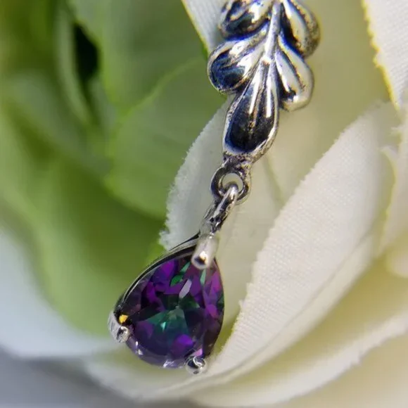 Mystic Fire Topaz Sterling Silver .79 Carat Pear Cut Leaf Drop Pendant (NWT) - Picture 7 of 11